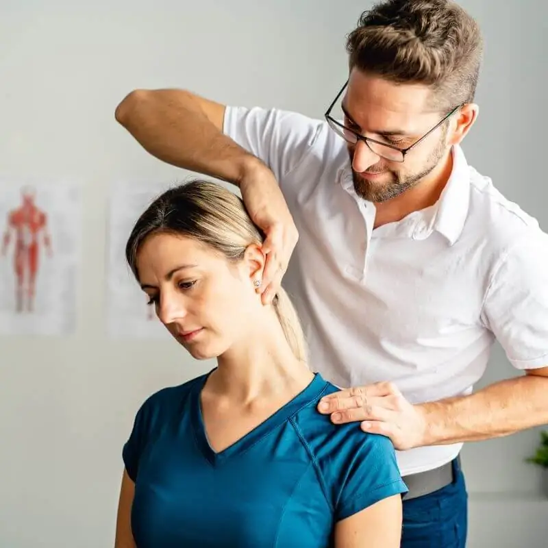 Therapist stretching patient neck square right align Therapist stretching patient neck square right align